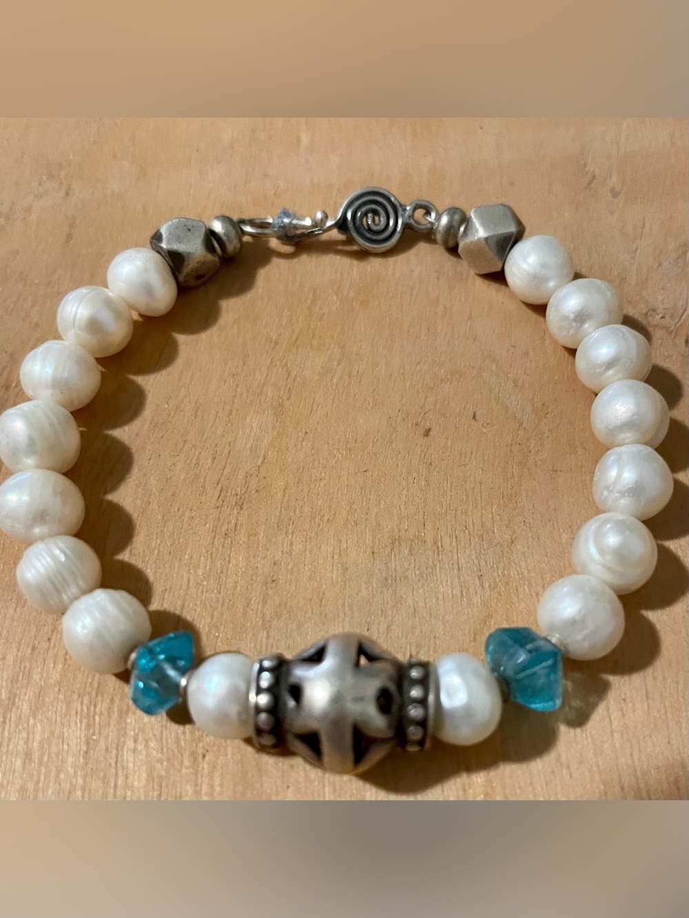Pearl, Apatite and Turkmen Silver Bracelet